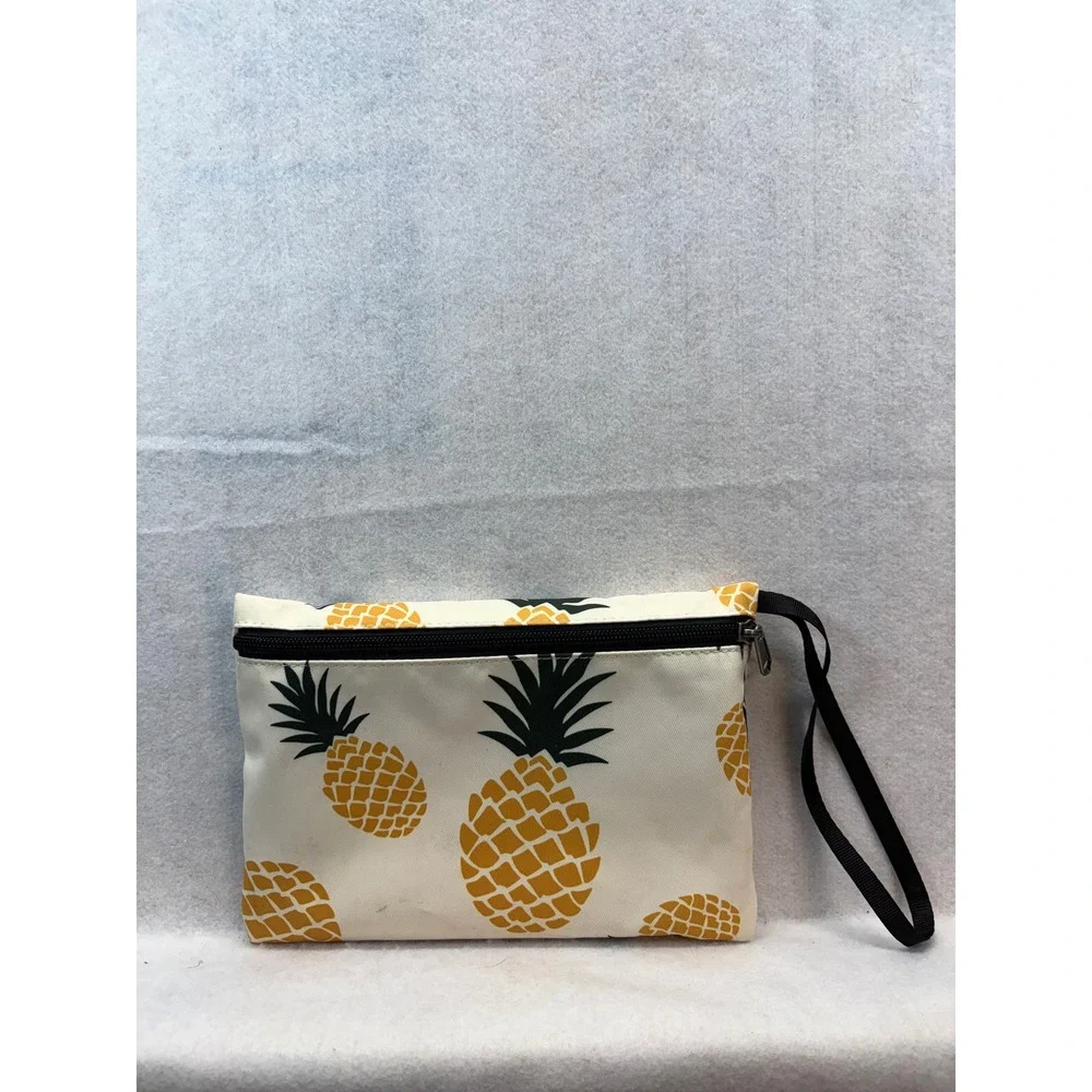 Pineapple Print Canvas Wristlet Pouch Zipper Makeup Travel Bag Cream Yellow